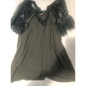 POL Olive Green Whimsical Fairy  Lace Boho S/S Top Vneck Casual Stretch Large